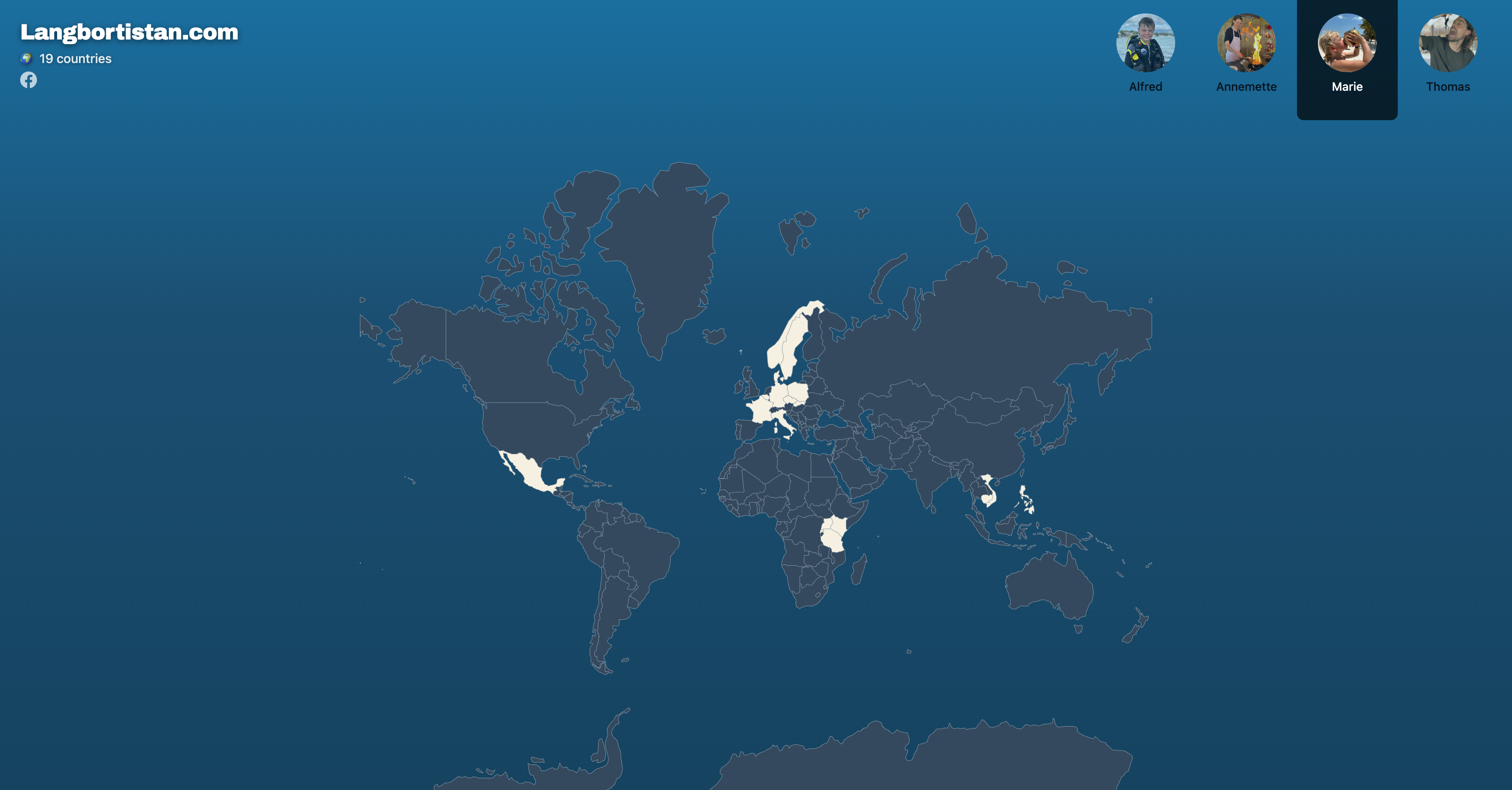 The same world map with the family member Marie selected in the top-right avatar row: only nineteen countries stay lit, including Mexico, Scandinavia, parts of central Europe, Tanzania, Vietnam and the Philippines, and the counter now reads '19 countries'