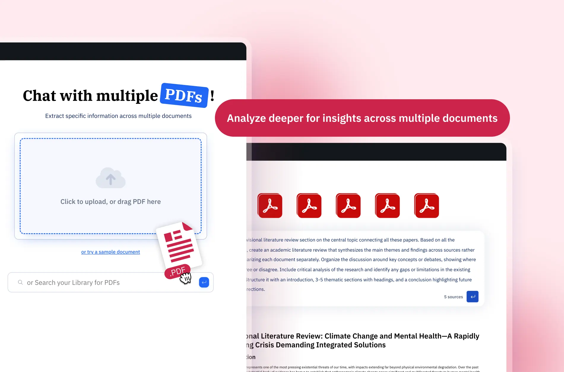Paperpal's Chat PDF feature: an upload area to add multiple PDFs and a prompt that synthesises a literature review across five source documents at once