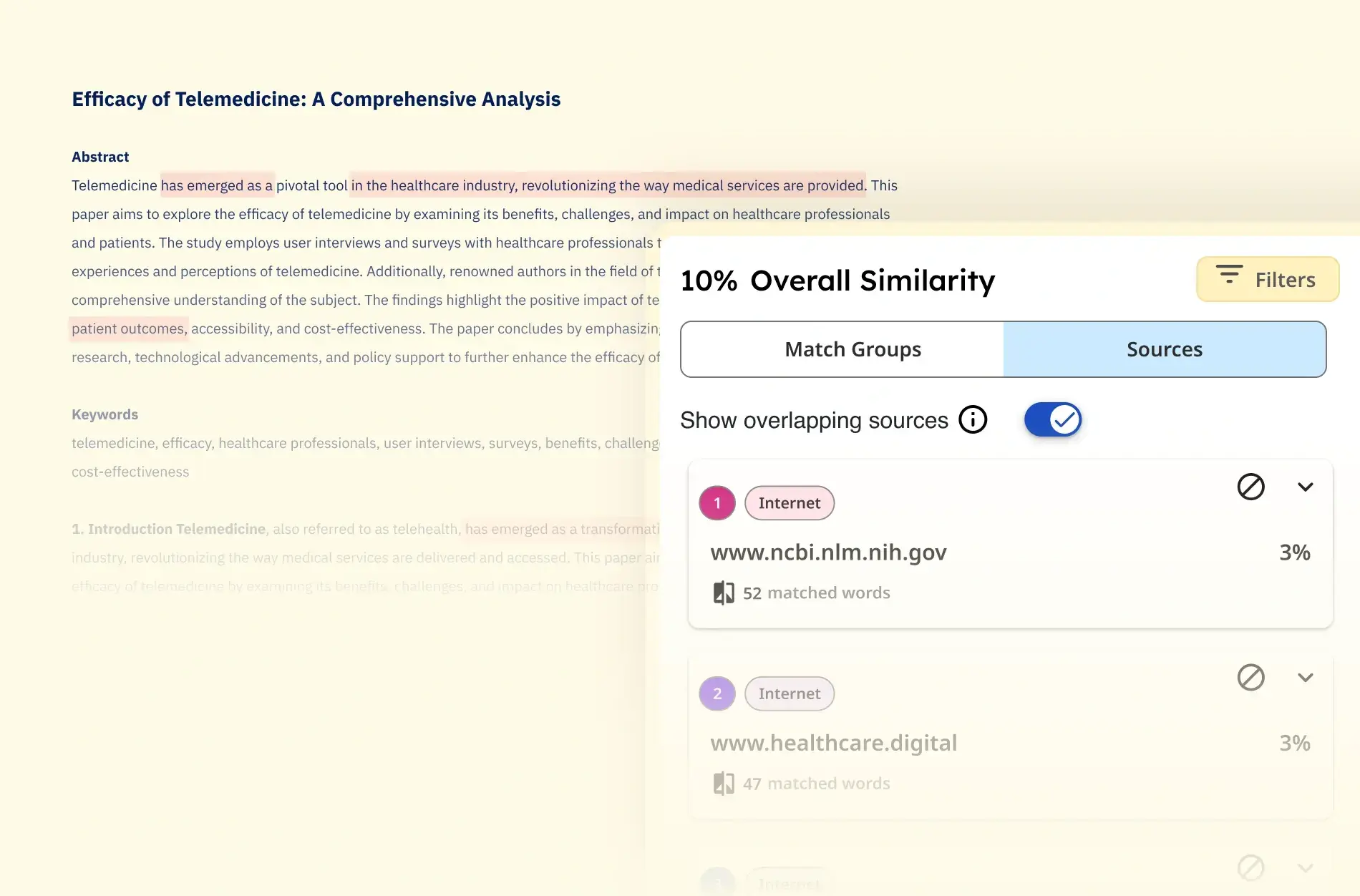 Paperpal's plagiarism and similarity report: a manuscript on the left with a '10% Overall Similarity' panel on the right listing matched internet sources and the number of matched words for each