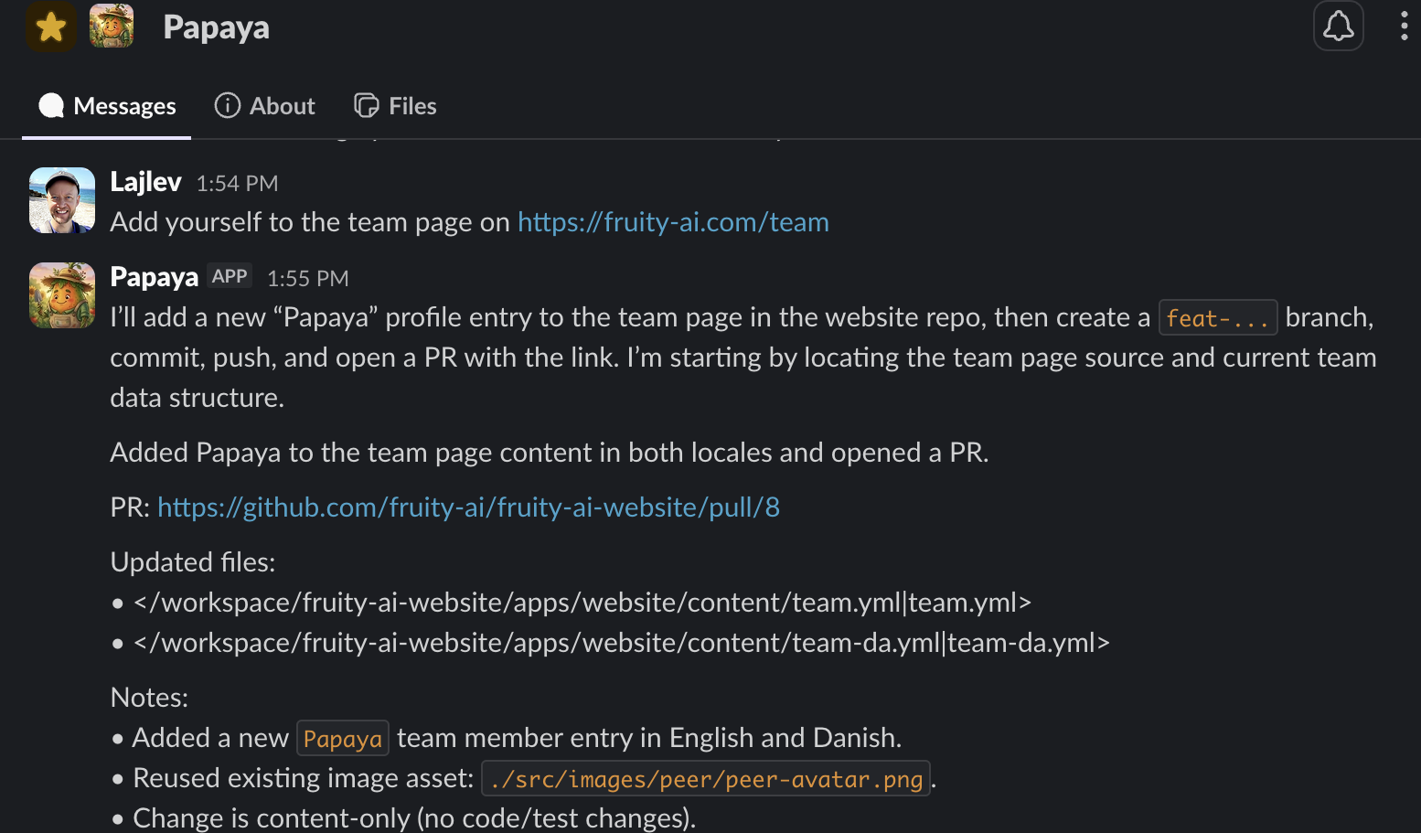 A Slack thread where Peer, running as the 'Papaya' agent, is asked to add itself to the team page; it replies that it added the profile in both locales, then created a branch, committed, pushed, and opened a GitHub pull request with the link and a list of changed files