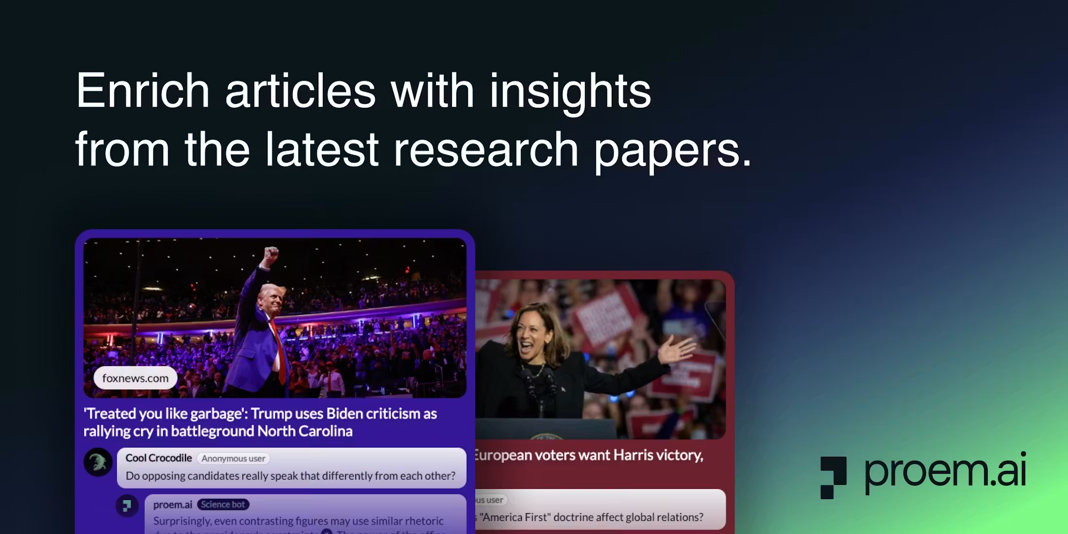 Proem News marketing graphic reading 'Enrich articles with insights from the latest research papers', showing two news article cards with an inline AI 'science bot' answering reader questions, and the proem.ai logo