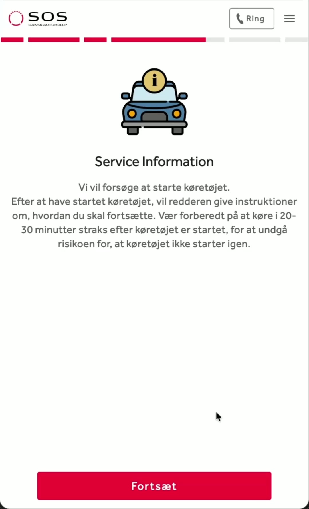 The Service Information step: an illustration of a car with an info icon above the heading 'Service Information', explaining in Danish that the rescuer will attempt to start the vehicle and give instructions afterwards, and asking the driver to be prepared to drive for 20–30 minutes to avoid the car not starting again