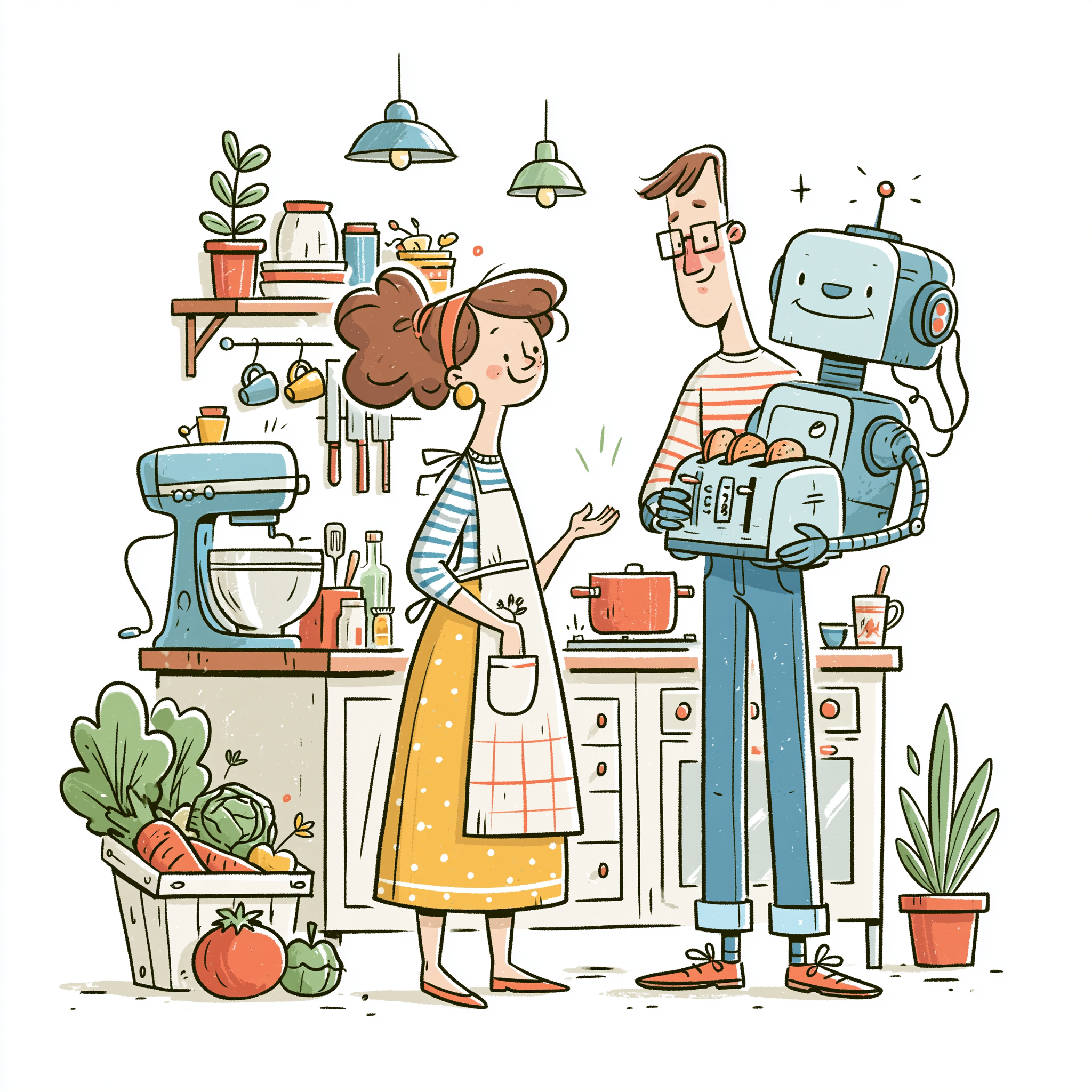 Playful illustration of a couple in a cozy kitchen with a friendly robot whose torso is a toaster, surrounded by a stand mixer, pots, plants and a crate of fresh vegetables