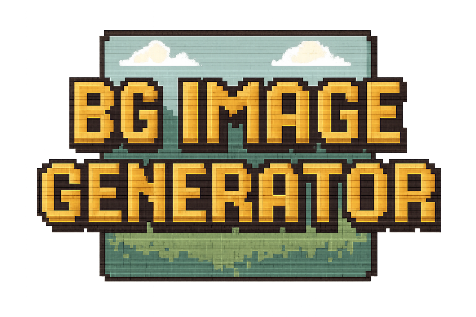 Pixel-art "BG Image Generator" logo in chunky yellow lettering over a retro landscape with clouds, on a mustard background