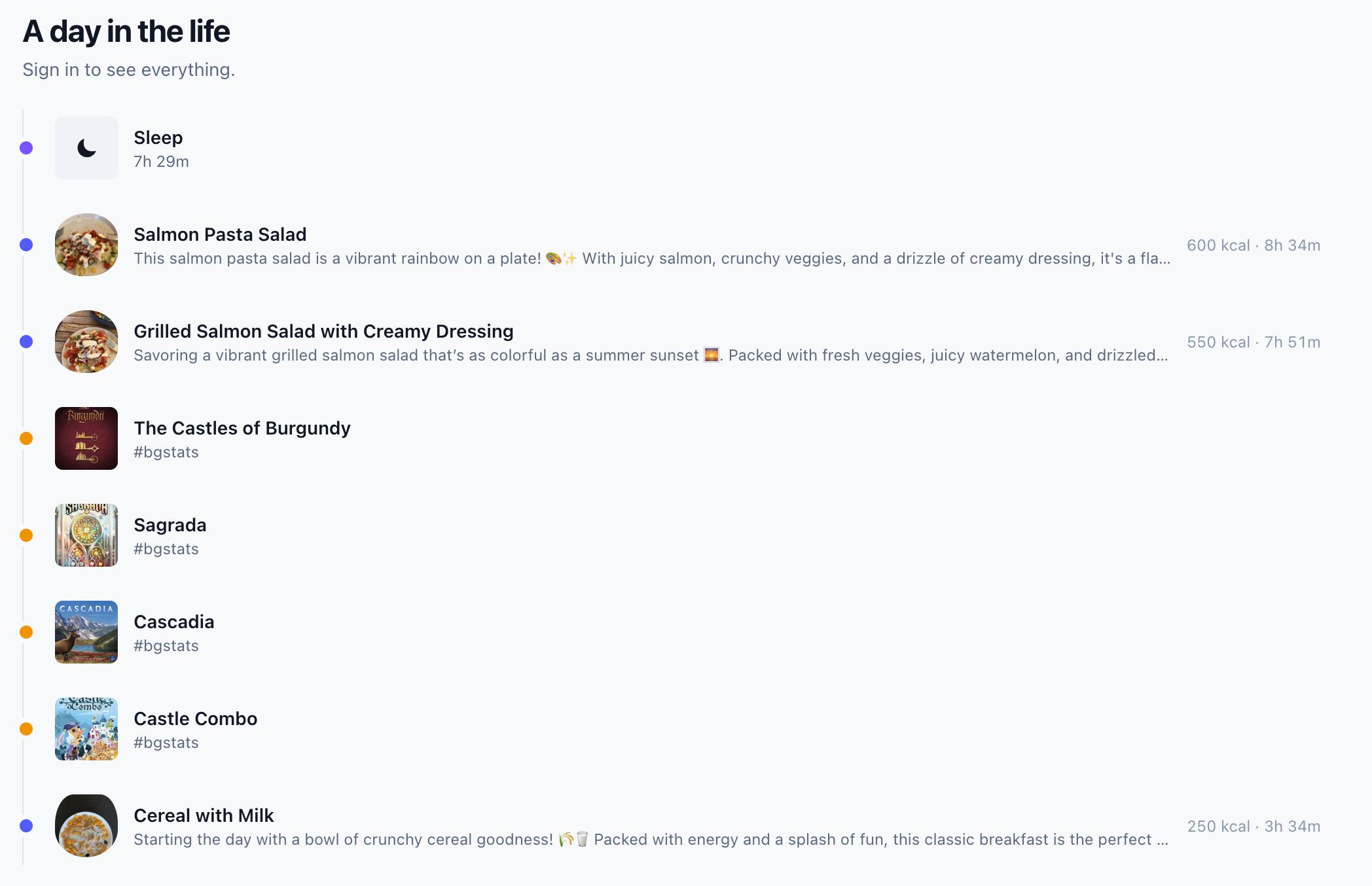 "A day in the life" timeline listing sleep duration, meals with calorie counts and durations, and board game plays tagged #bgstats like The Castles of Burgundy, Sagrada and Cascadia