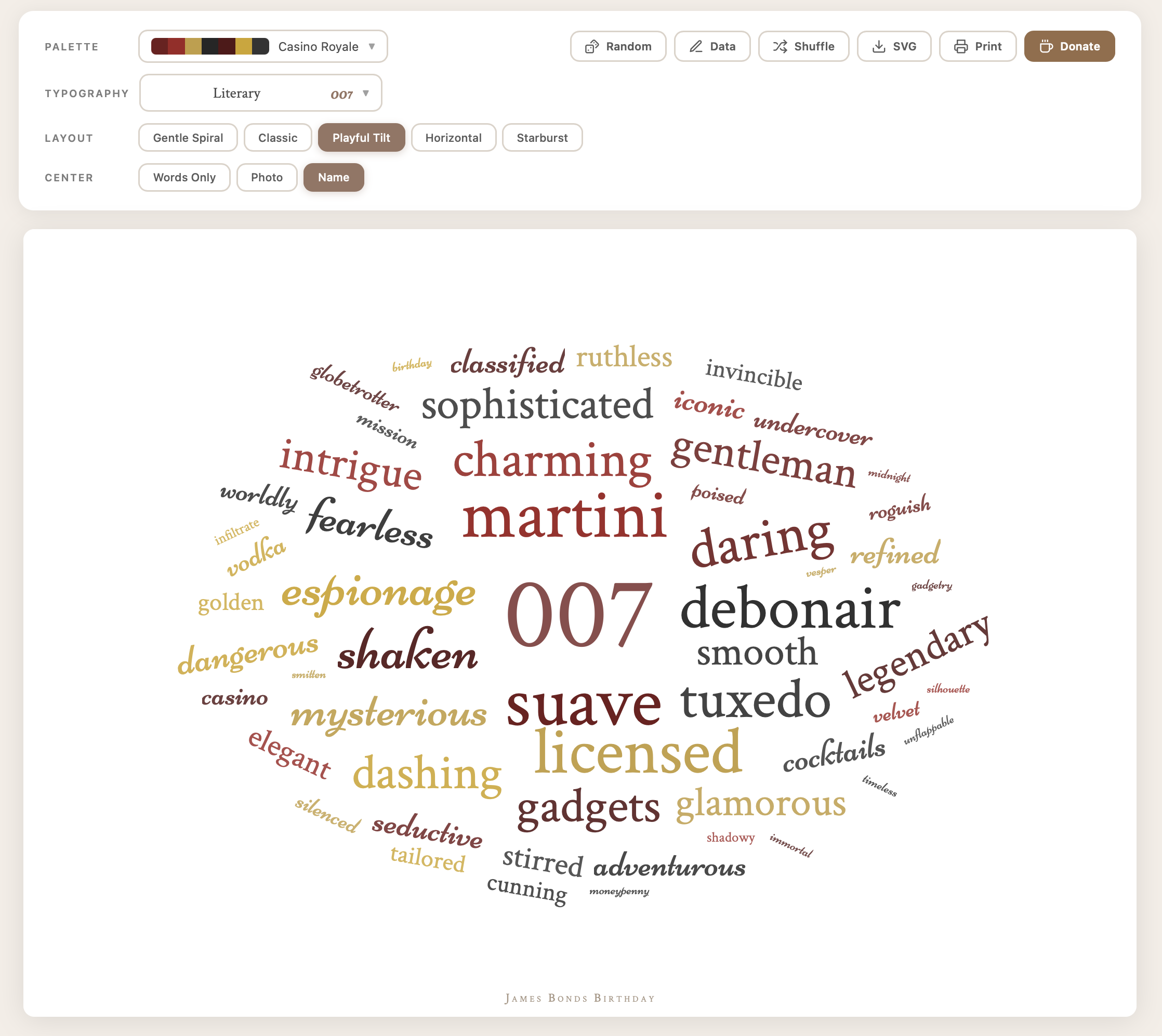 Word cloud generator showing palette, typography and layout controls above a Casino Royale–toned composition with "007" at its center, surrounded by James Bond words like martini, suave, licensed and debonair